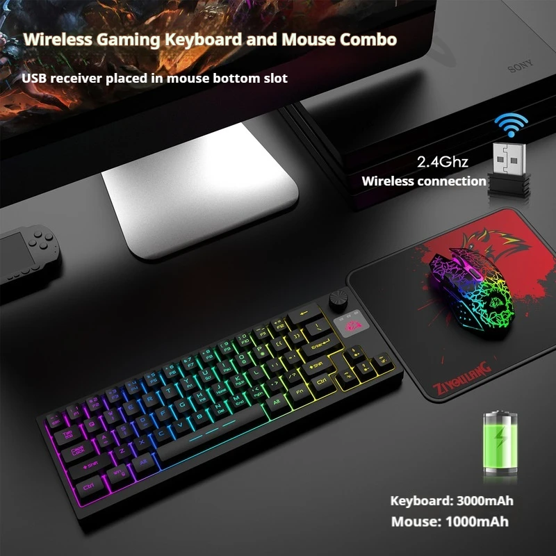 Free Wolf T50 Keyboard And Mouse Set Rechargeable Wireless Rgb Luminous Keyboard And Mouse Set Office E-Sports Game Computer Set