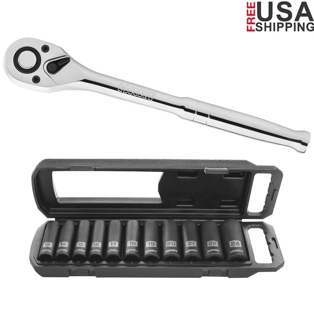 

90-Tooth 1/2 Inch Ratchet Wrench Set 11 Pieces Chrome Vanadium Steel Deep Socket Durable Impact Rated Tool