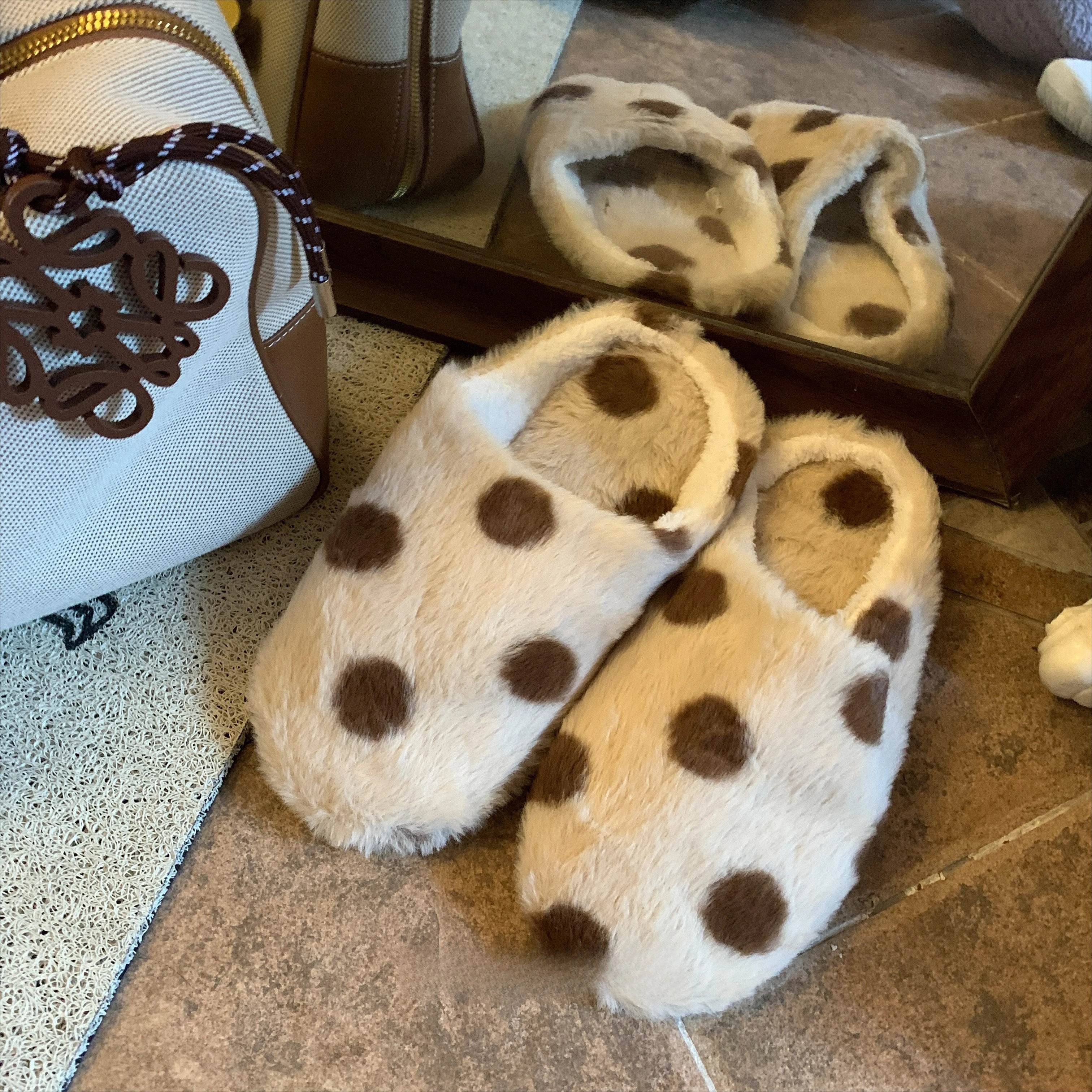 Vintage Polka Dot Soft Sole Cotton Slippers Cute Ins Retro Winter Warm Cotton Slippers Indoor Bedroom Daily Couple Shoes