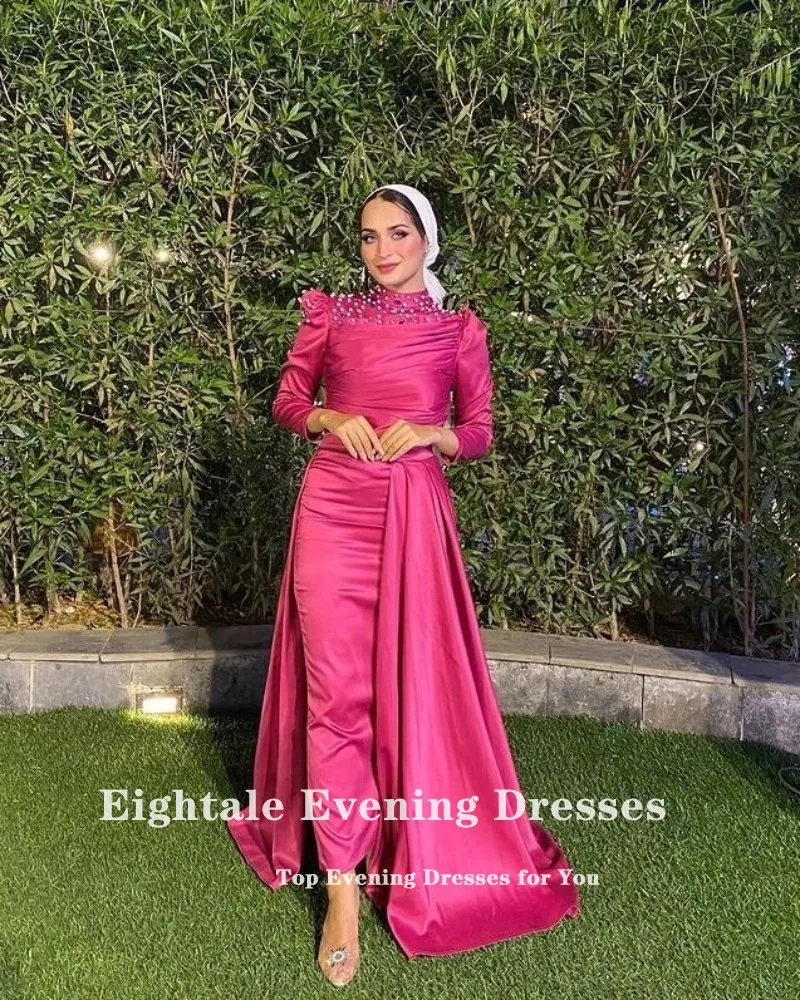 Eightale Hot Pink Formal Occasion Evening Dresses with Long Sleeves Bead Karakou Satin Mermaid Women Wedding Party Gown For Prom