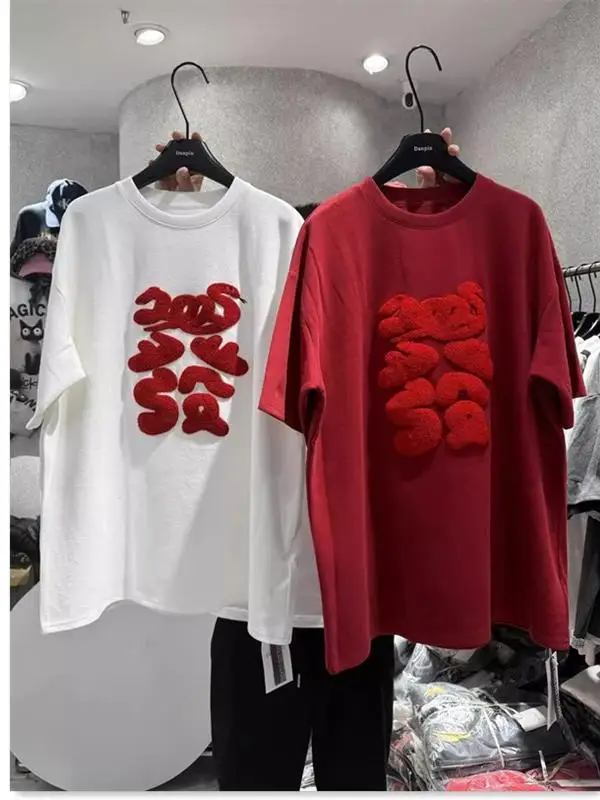 

Thickened Short Sleeve T-Shirt Women's Base Shirt Spring 2025 Early Loose Flocking Korean Style Commute round Neck Top