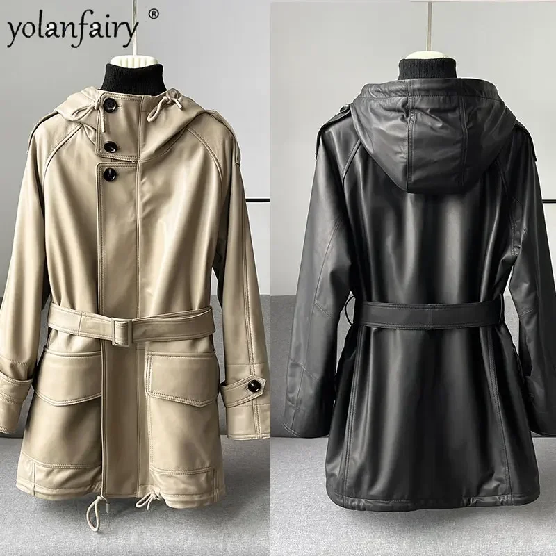 YOLANFAIRY Real Leather Jacket Women Spring Trend Clothing Female Sheepskin Coat Women Medium Long Hooded Leather Trench Coat FC