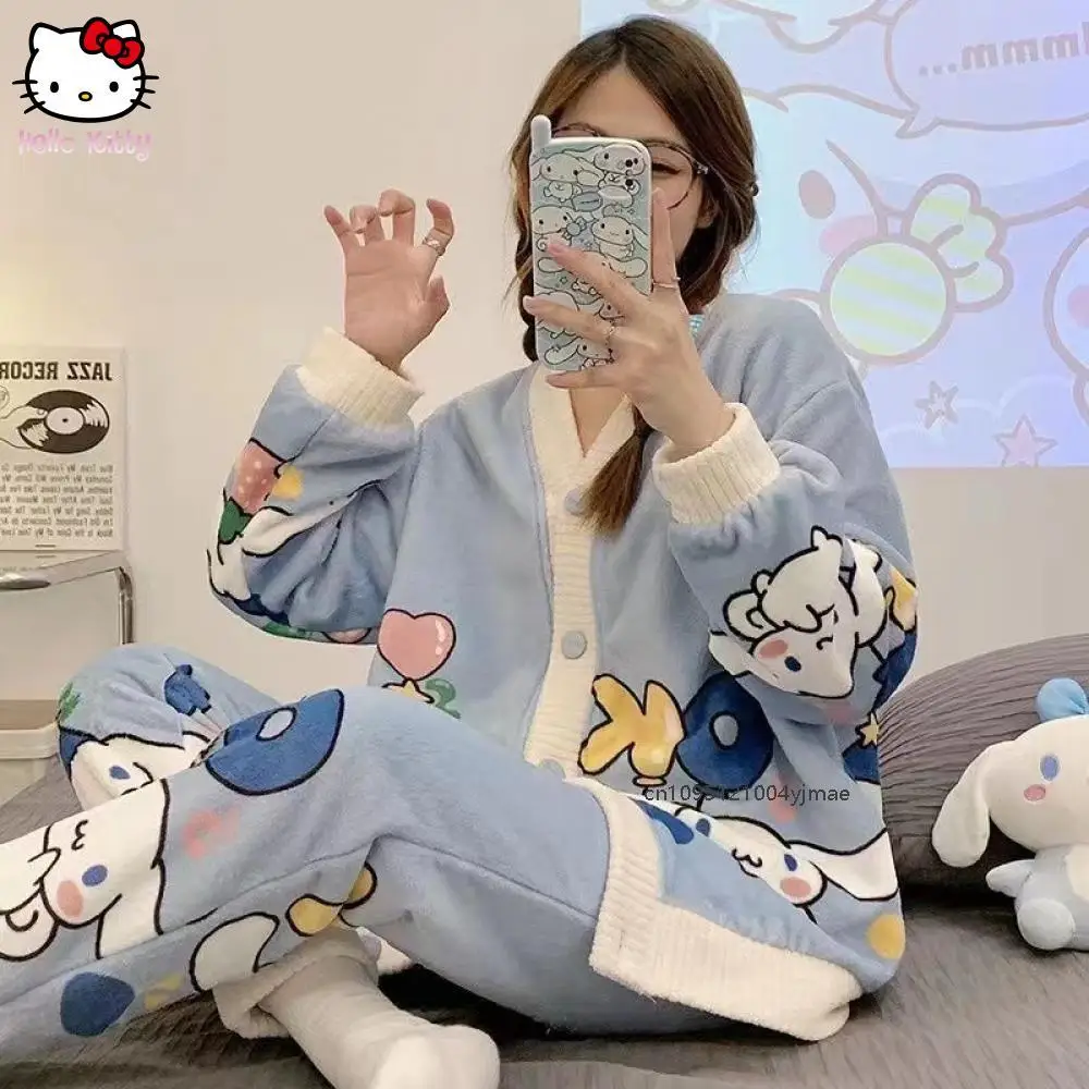 Hellokitty Sanrio 가을 겨울 잠옷 여성 v 넥 카디건 귀여운 캐주얼 홈웨어 만화 플러스 벨벳 두꺼운 플란넬 슈트
