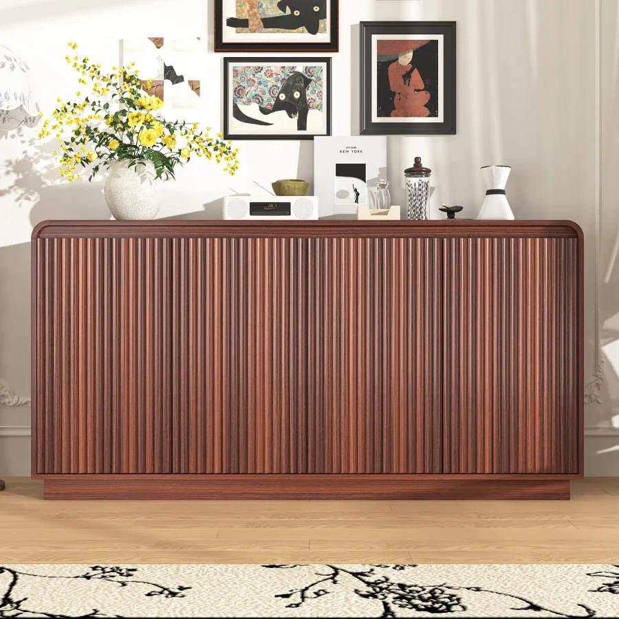 Walnut 4-Door Fluted TV Stand with Power Outlet, Handleless Wave Design Entertainment Center, Adjustable 3-Tier Particle Board