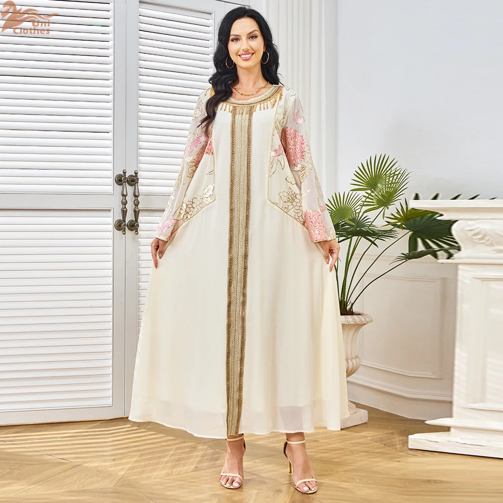 

Eid Muslim Women Party Dresses Embroidery Sequins Abayas Jalabiya Ramadan Dubai Vestidos Islam Arab Long Robe Morocco Kaftan