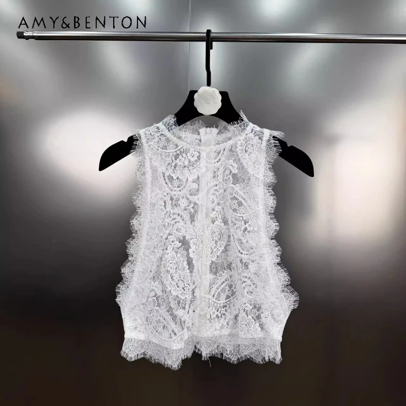 

2025 Spring Summer New Lace Hollow Out Pattern Splicing Women's Vest French Retro Minimalist Versatile Sheer Sexy Vest Ladies