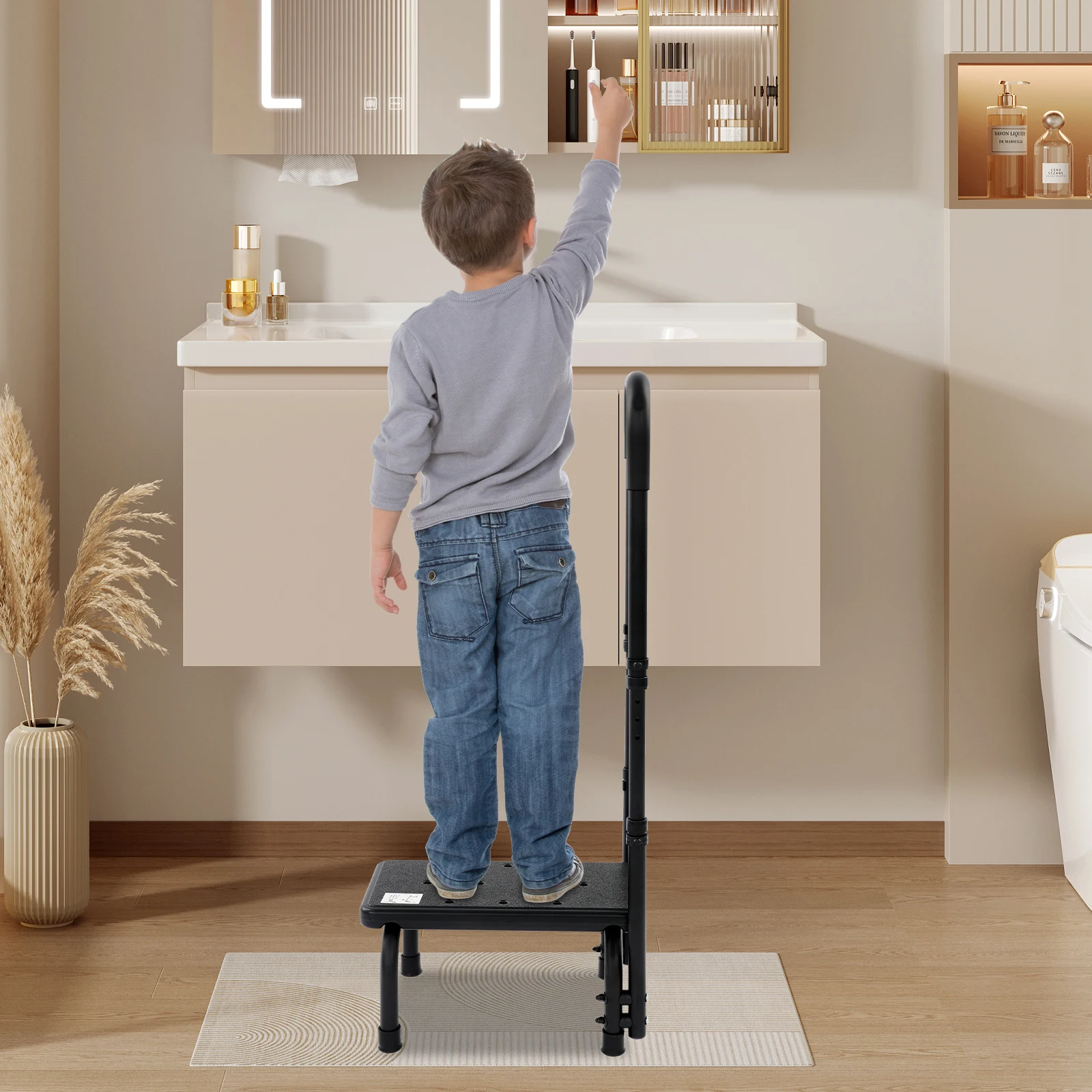 Step Stool, Anti-Slip Bath Step with Adjustable Grab Handle Handle 33.7-37.6 Inch,136kg Capacity for Seniors Kids