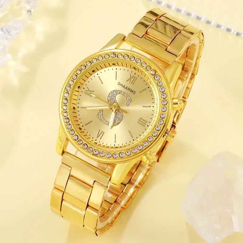 Luxury Gold Watch Womens S Letter Design Ring Necklace Earrings Fashion Wristwatch Female Casual Ladies Steel Bracelet Set Clock