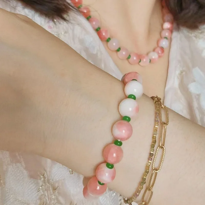 

Retro Peach Color Natural Stone Ball Beads Green Abacus Shape Bead Agate Spacer Necklace Stretch Bangle Fresh Girl Style Jewelry
