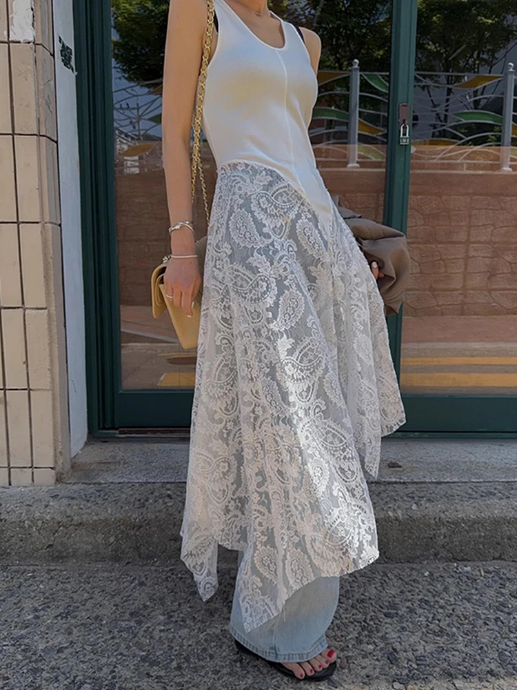 Vestido de Verão F com Design Irregular em Patchwork e Renda, Novo Vintage, Camadas Longas, Cintura Alta, Sem Mangas