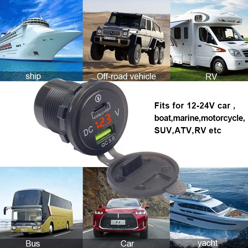 Quick Charge QC3.0 Type A Usb & Pd Type C Socket Lader Met Voltmeter