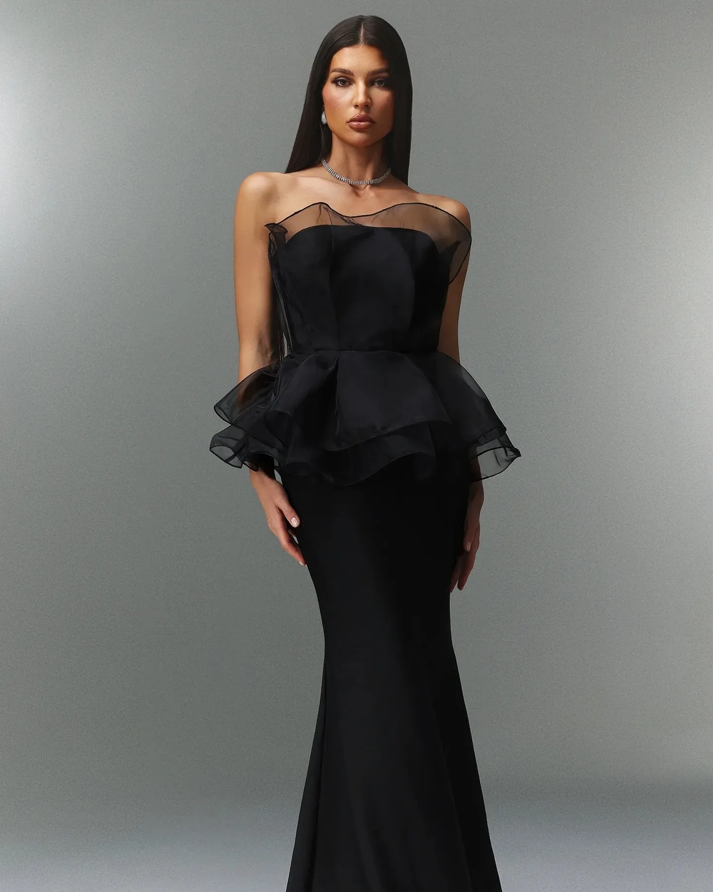 

Elegant Black Peplum Strapless Evening Dress with Mermaid Skirt Formal Events Cocktail Party Bodycon Mesh Long Dresses Vestidos