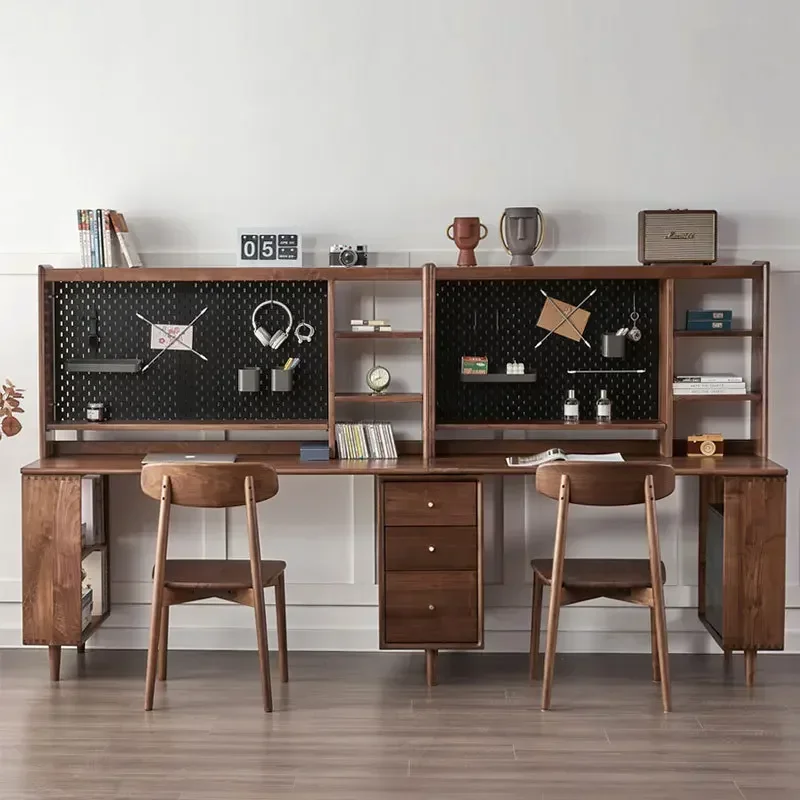 Nordic all solid wood computer desk study table black walnut double desk bookshelf simple modern