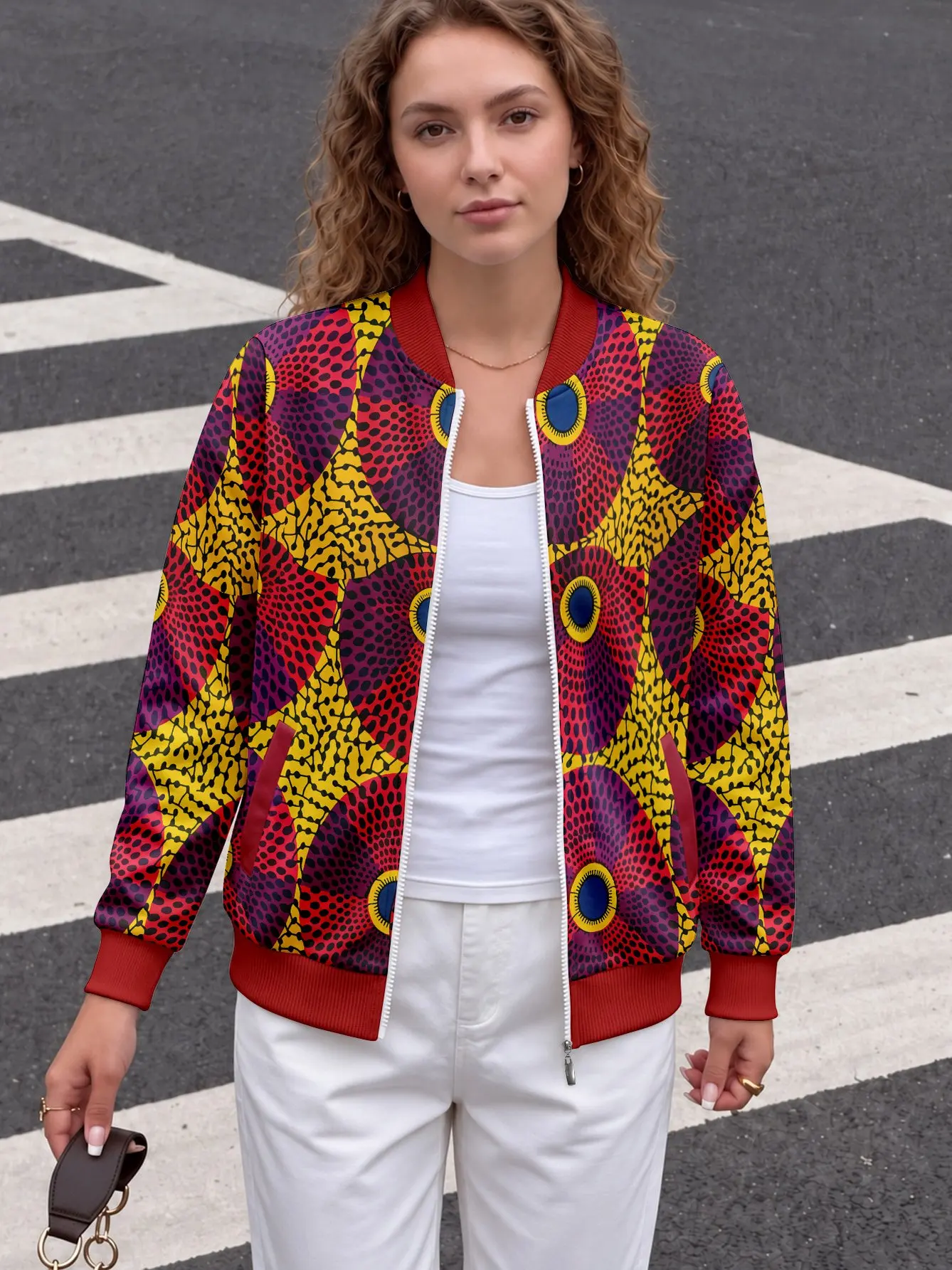Women's Red Purple Yellow Abstract Regular Baseball Collar Full Zip Baseball Jacket Slant Pockets Edgy Sports All Season