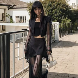 Y2k abbigliamento in stile coreano nero set da 2 pezzi donna scava fuori Mesh Grunge Simple Sping Streetwear pantaloni a vita alta completi