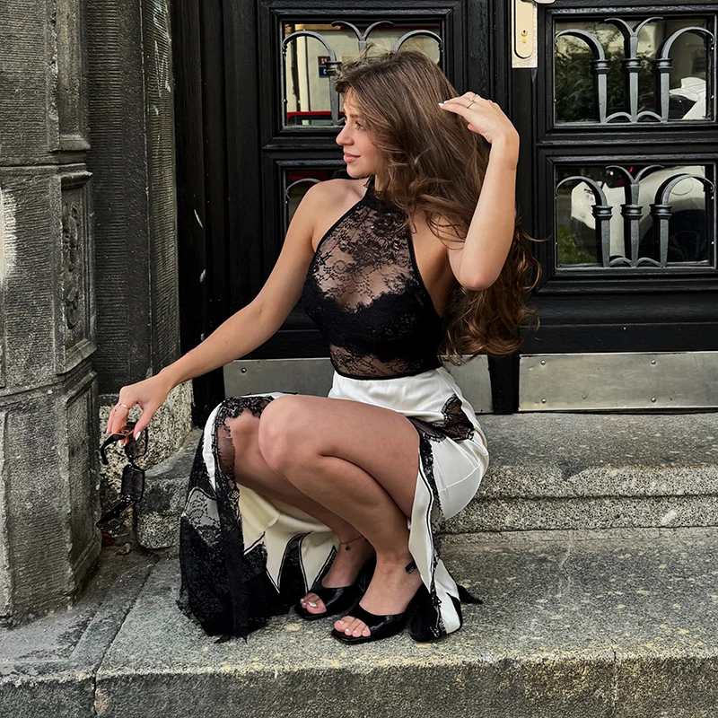 Rückenfreies Neckholder-Maxikleid aus Spitze, sexy, halbtransparent, mit hohem Seitenschlitz, ärmellos, Midi-Kleider, elegante Abend- und Ballkleider für Damen – Detail 9