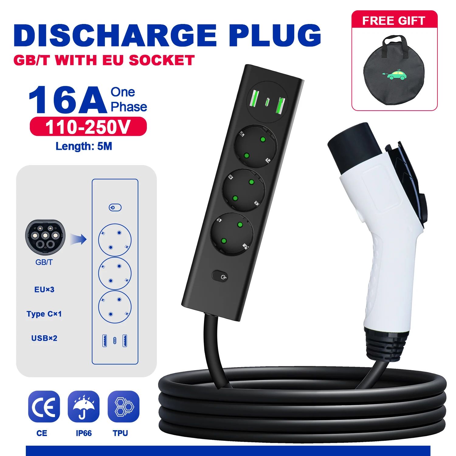 

Kolanky Electric Vehicle GBT Cars Discharger 16A 3.5KW With Power Strip Shuko USB Type C Discharge Total Length 5M