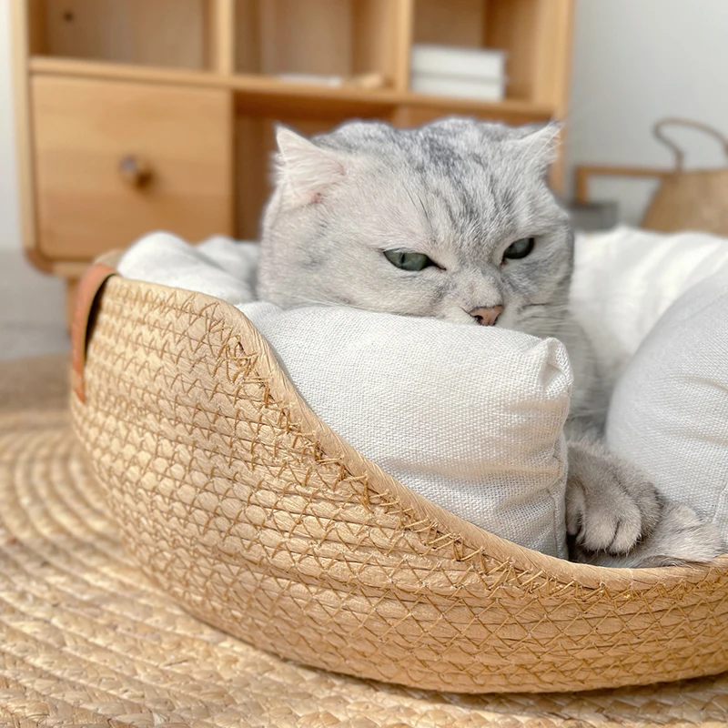 Hoopet Four Seasons Pet Bed Kennel for Cat Puppy Dog Beds Sofa Handmade Bamboo Weaving Cat Cozy Nest Pet Accessaries