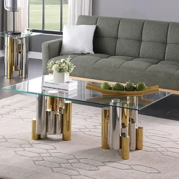 Image Clear Glass Coffee Table with Gold Silver Irregular Stainless Steel Base Luxury Rectangular Coffee Table for Living Room Modern