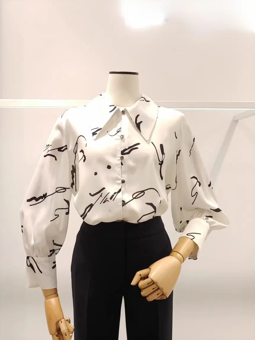 

Элегантная женская рубашка из шелка с принтом, свободного кроя, на пуговицах, с острым воротником, для офиса, модный тренд, осенняя новинка