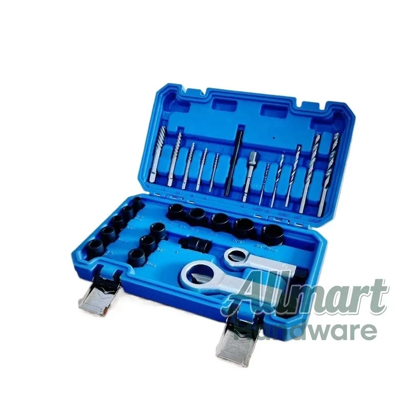 28 piece set of screw extractor with damaged or incomplete nuts, bolts, hexagonal sockets, professional tool set