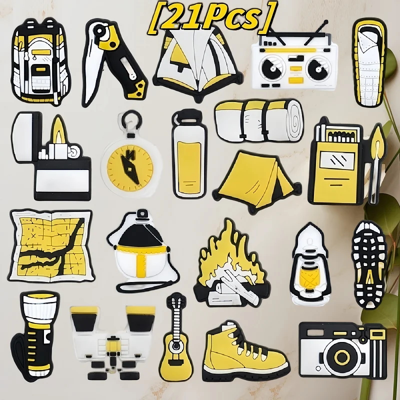 

21Pcs Camping equipment series Camping binoculars Compass camera Bus tent Fire bottle chair Shoe buckle Decorativepins Crocodile