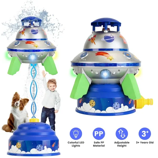 

UFO Water Sprinkler Outdoor Summer Rocket Toy With Colorful LED Lights 360° Spinning 1.64FT To 6.56FT Adjustable Height Birthday