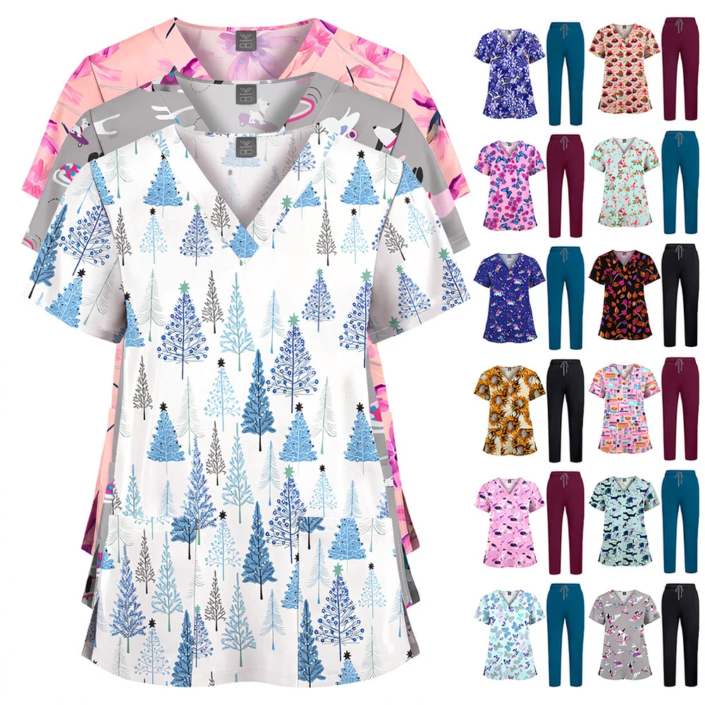 For For Viaoli Medical Scrub Set Stylish Printed Top And Solid Scrub Pants Quick Dry Nursing Uniform For Hospital Staff