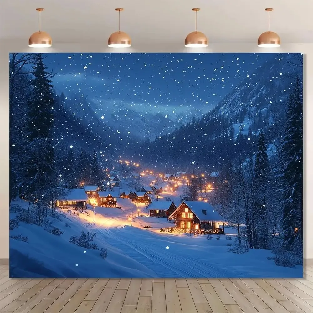 1pc Self-Lit Winter Wonderland Christmas Village Backdrop with Twinkling Lights - Snow-Covered Houses, Twinkling River & Starry