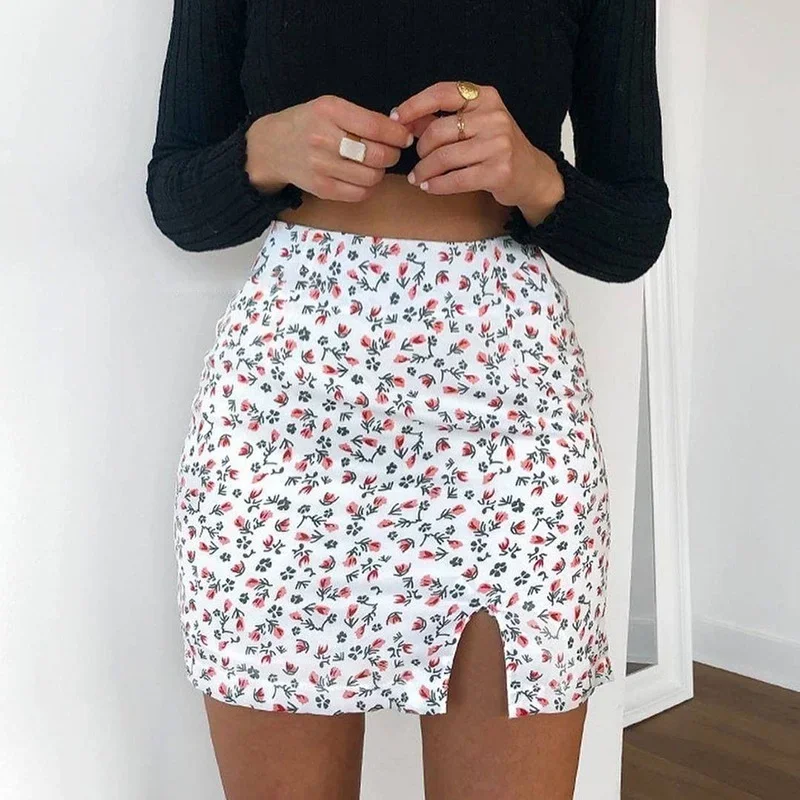 

Sexy Floral Print Mini Skirts Womens 2024 High Waist Summrt Casual Pencil Club Party Skirts Casual Split Boho Cottagecore Skirt