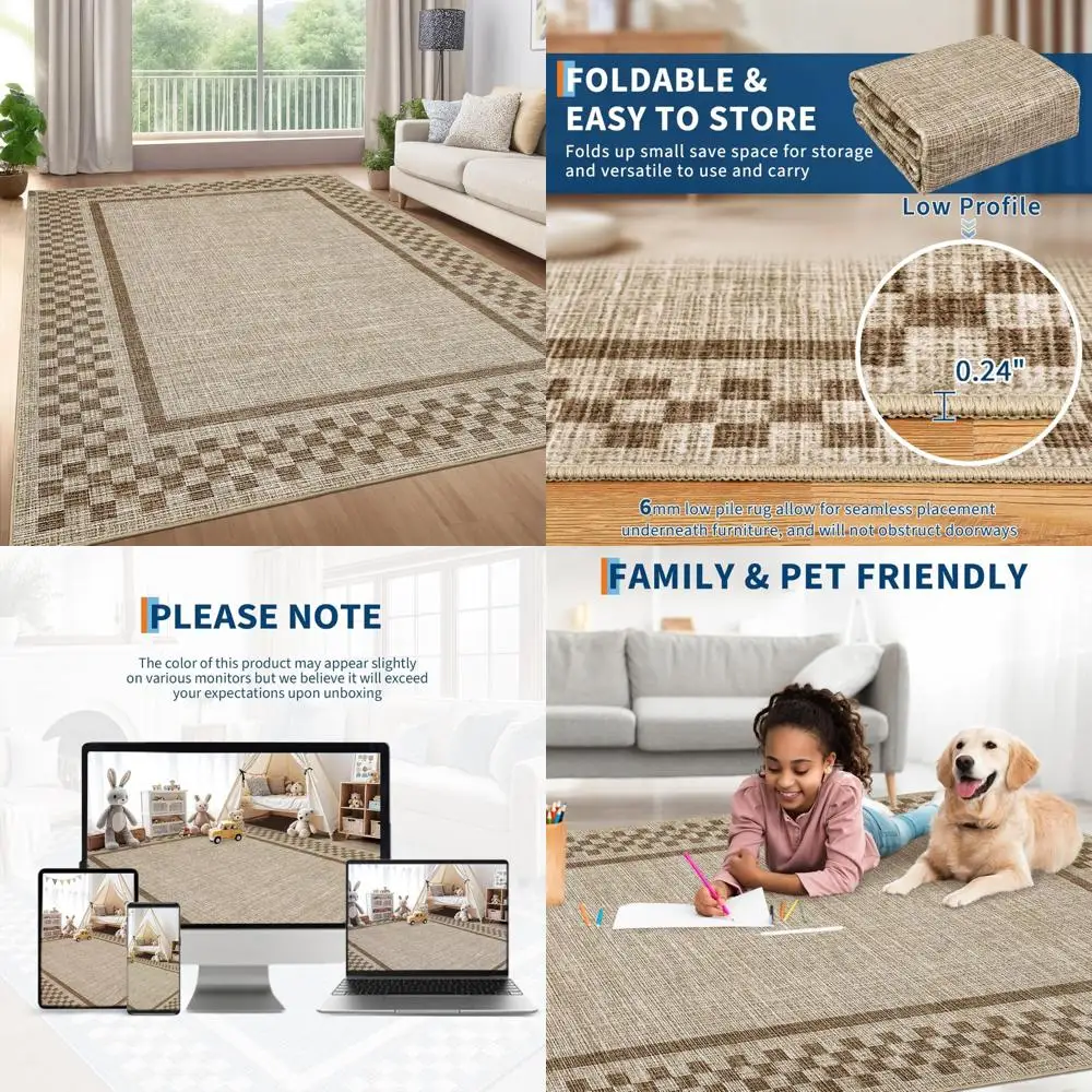 

Contemporary Bordered 8x10 Rugs for Living Spaces and Bedrooms, Soft, Washable, Large Throw Carpets with Non-Slip Checkered Patt