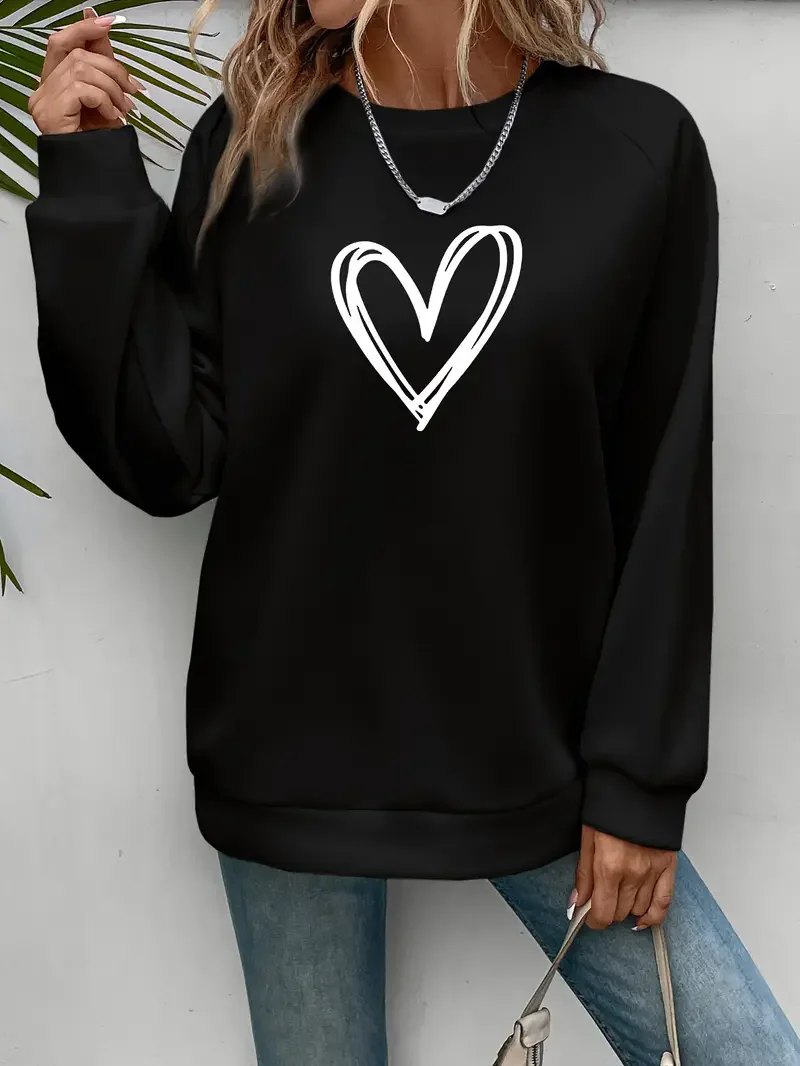 Heart Print Pullover Sweatshirt, Casual Long Sleeve Crew Neck Sweatshirt For Spring & Fall, Women\'s Clothing