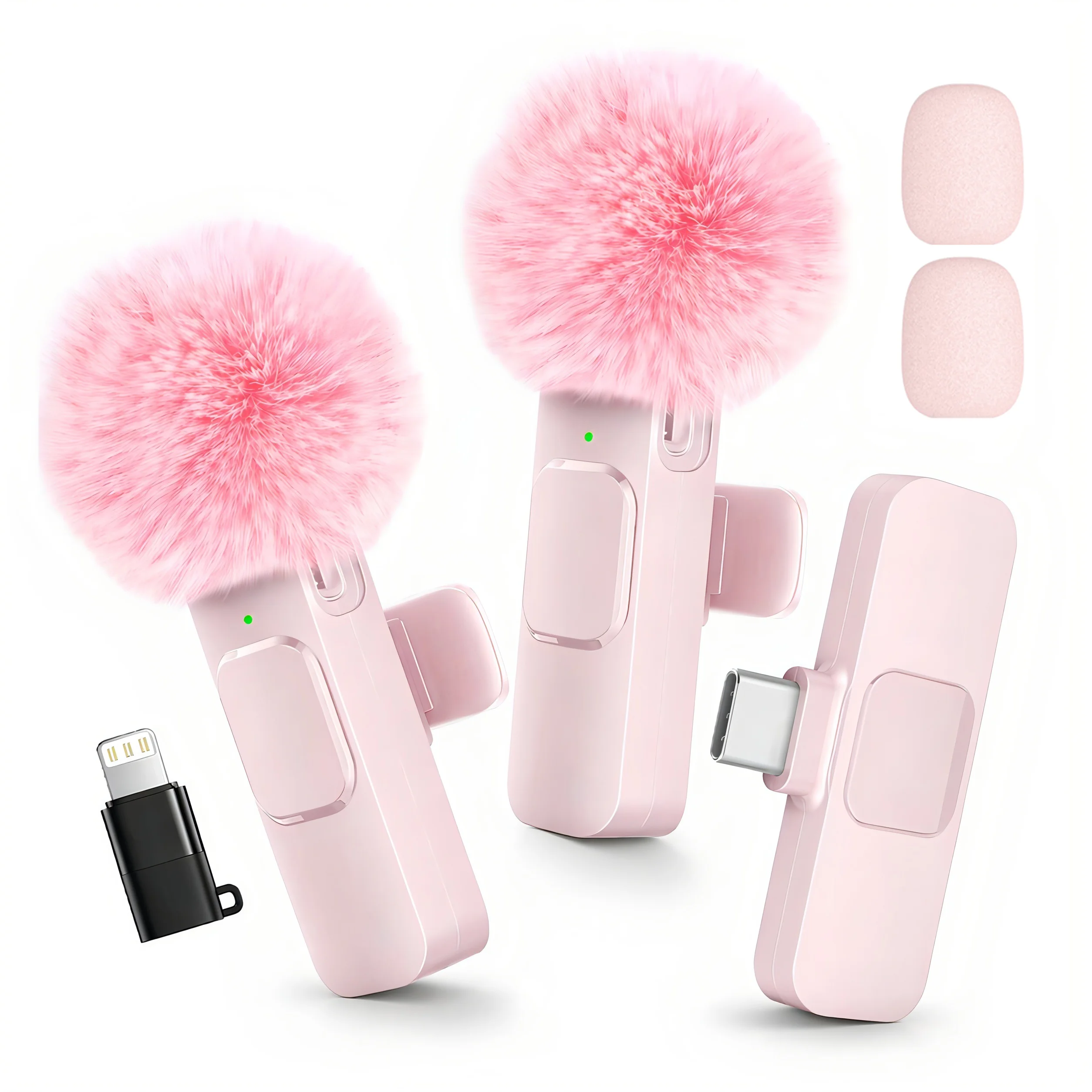 Kabelloses Lavalier-Mikrofon mit pelziger Windschutzkappe, Typ-C- und Lightning-Adapter, Mini-Clip-Mikrofon, Android, iPhone, Tablets, Laptops