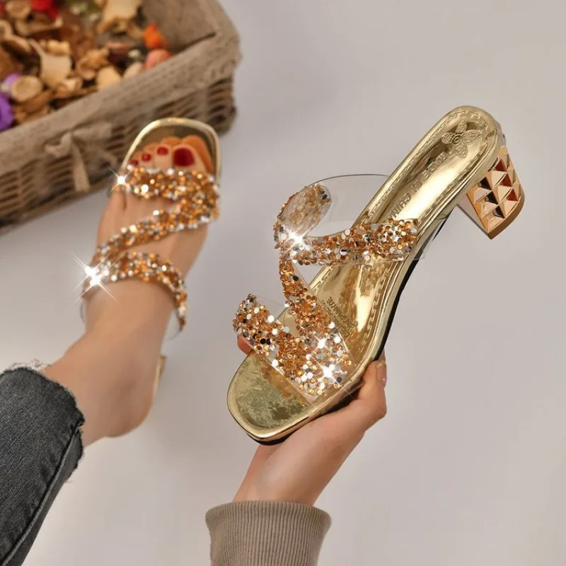 Bling Pearl Sequins Rhinestone Women Slippers Crystal Metal Heel Slides 2024 Summer Hollow Open Toe Slippers Gold Silver