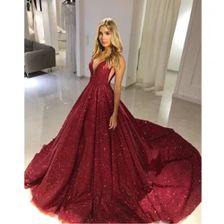 Amanda Glitter Ball Gown Prom Dress 2023 Shiny Sweep Train فستان سهرة Sexy V-neck Vestido De Novia Burgundy  Prom Gown