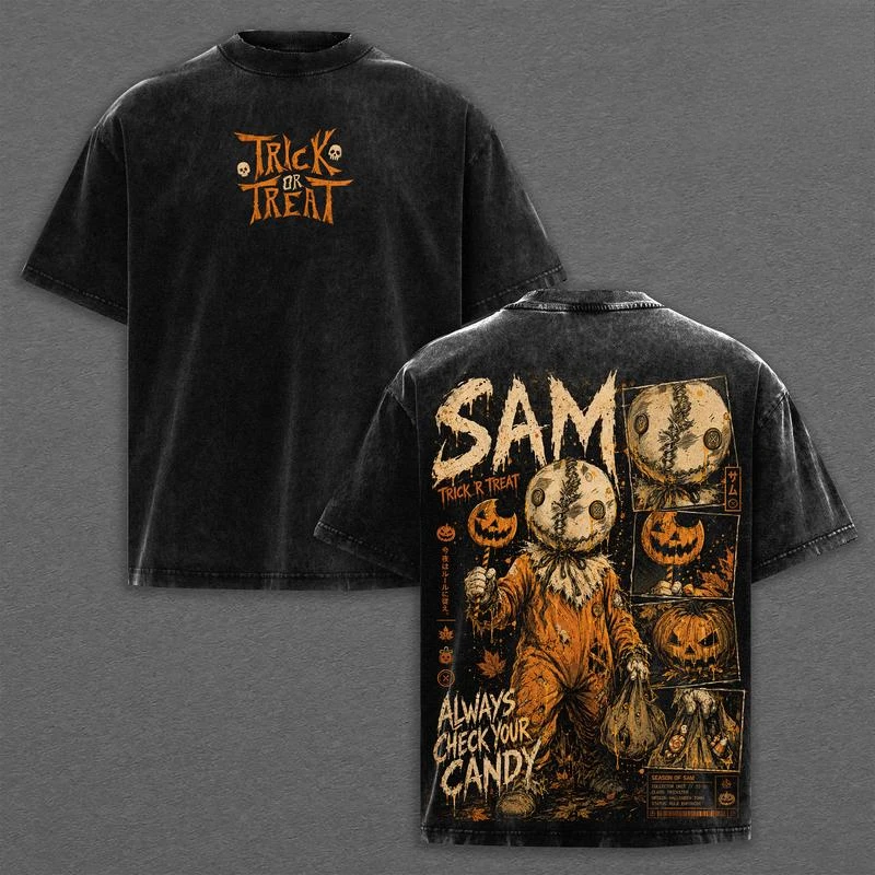 Trick 'r Treat Sam Print T-shirt Vintage Washed T Shirt Men Women Halloween Horror Movie Short Sleeve Oversized Streetwear Tops