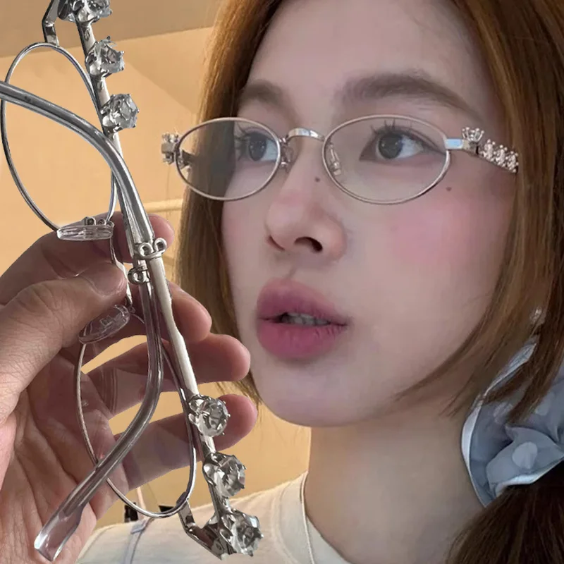 Nova moda pequena armação oval óculos de metal azul luz bloqueando óculos japonês retro strass na moda leitura y2k óculos