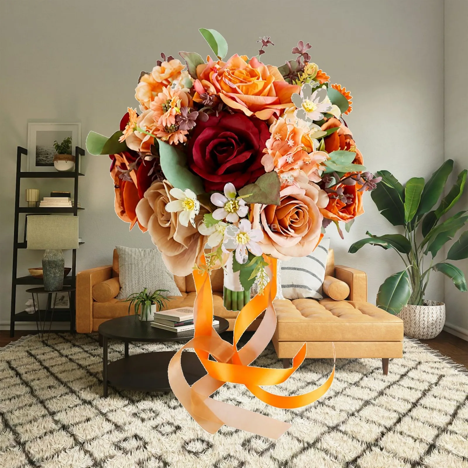 Artificial Flower Wedding Bouquet for Bridal Party with Burgundy White Peach Blooms and Green Leaves