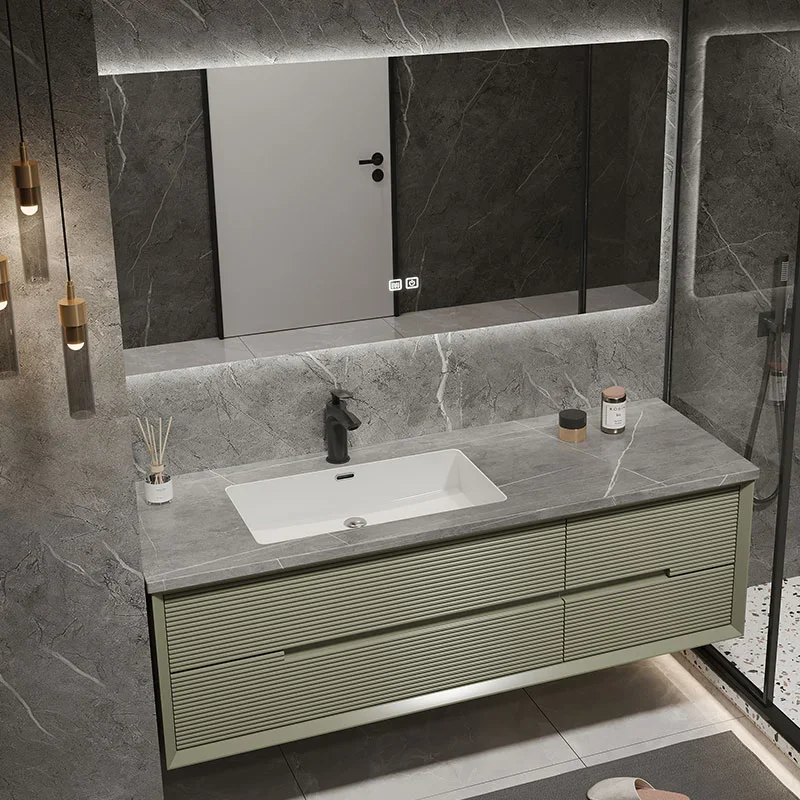 

Slate seamless ceramic basin oak bathroom cabinet combination modern intelligent light luxury bathroom washstand hand wash face