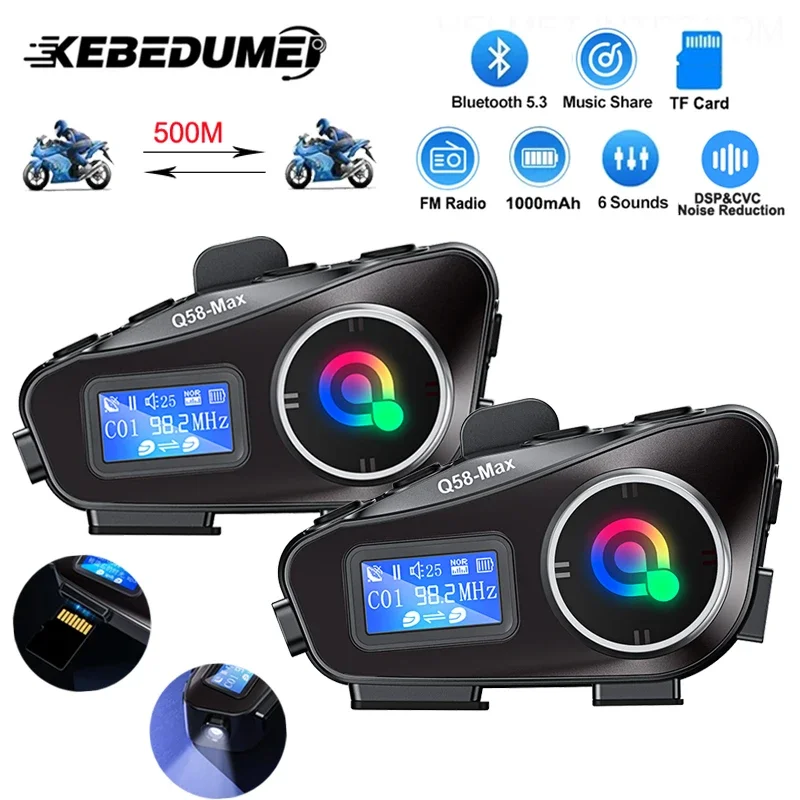 

Motorcycle Helmet Intercom Headset BT 5.3 DSP CVC Noise Reduction Interphone Communicator Music Sharing Flashlight LCD Display