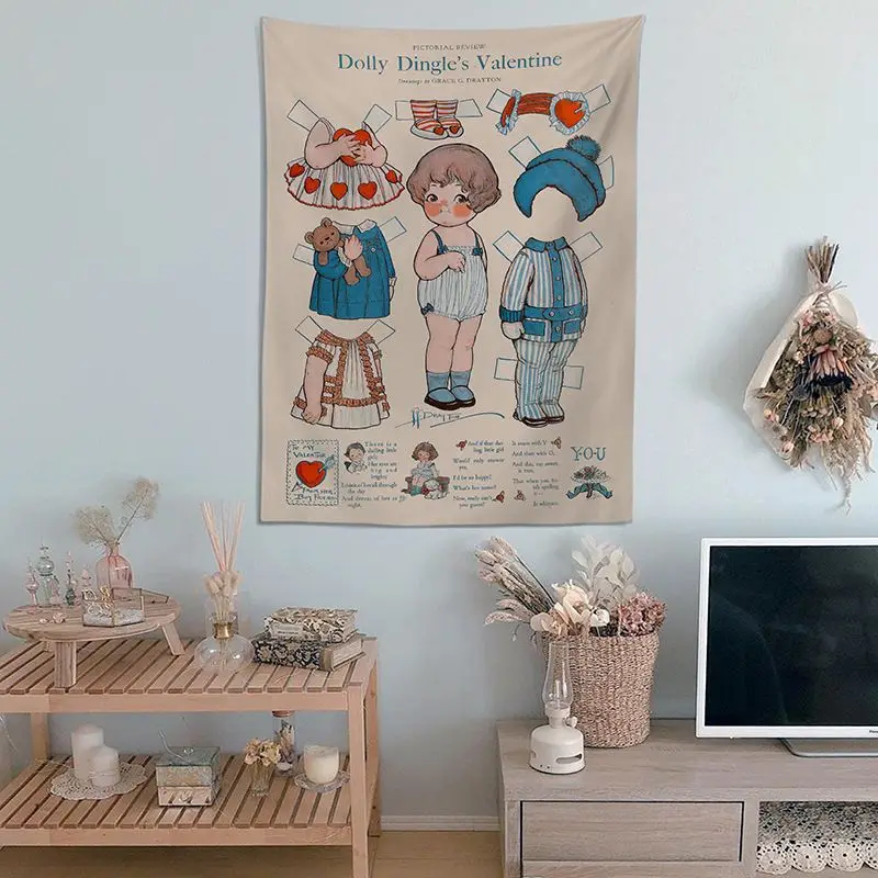 VIKAMA Vintage Dolly Dingle Papierpuppen-Wandteppich für Schlafzimmer, Café, ästhetische Retro-Wanddekoration für Zuhause