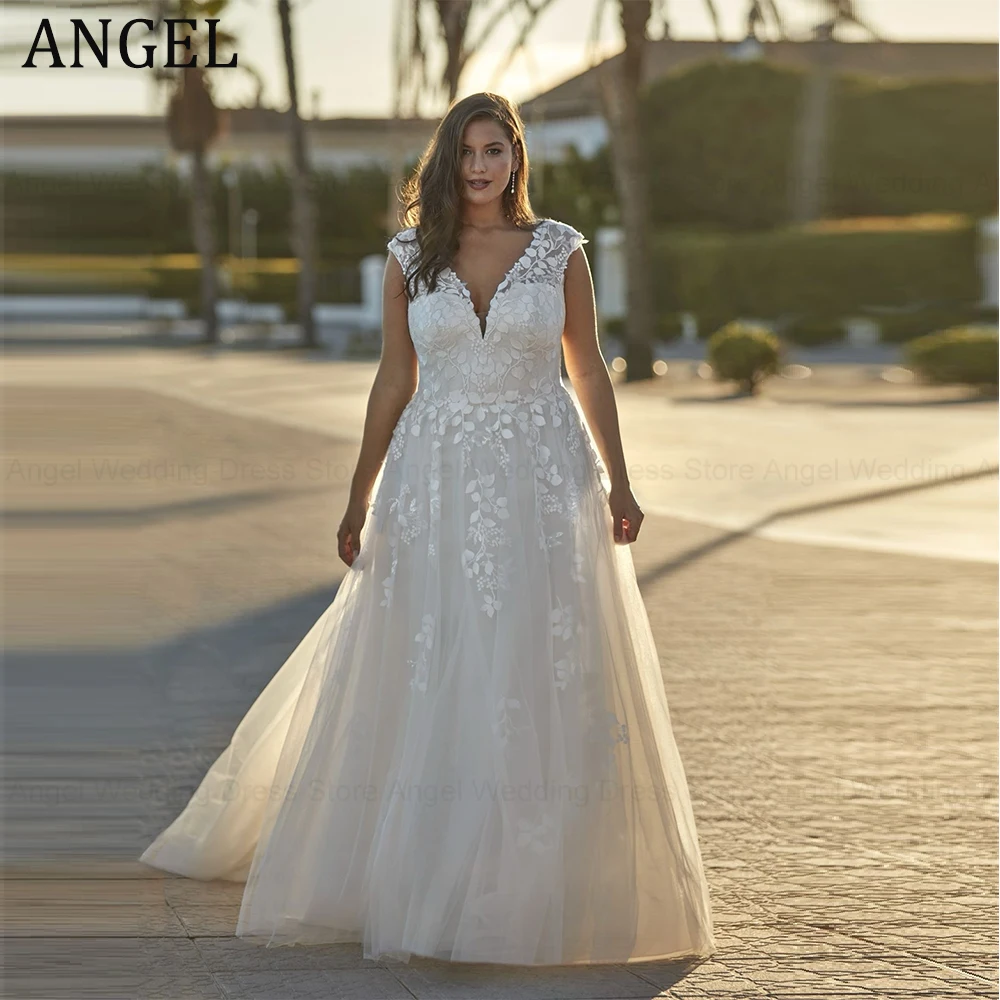 

Очаровательные свадебные платья больших размеров ANGEL по индивидуальному заказу, сексуальные длинные свадебные платья трапециевидной формы с v-образным вырезом и аппликациями в виде листьев, тюль, Vestidos de Novia