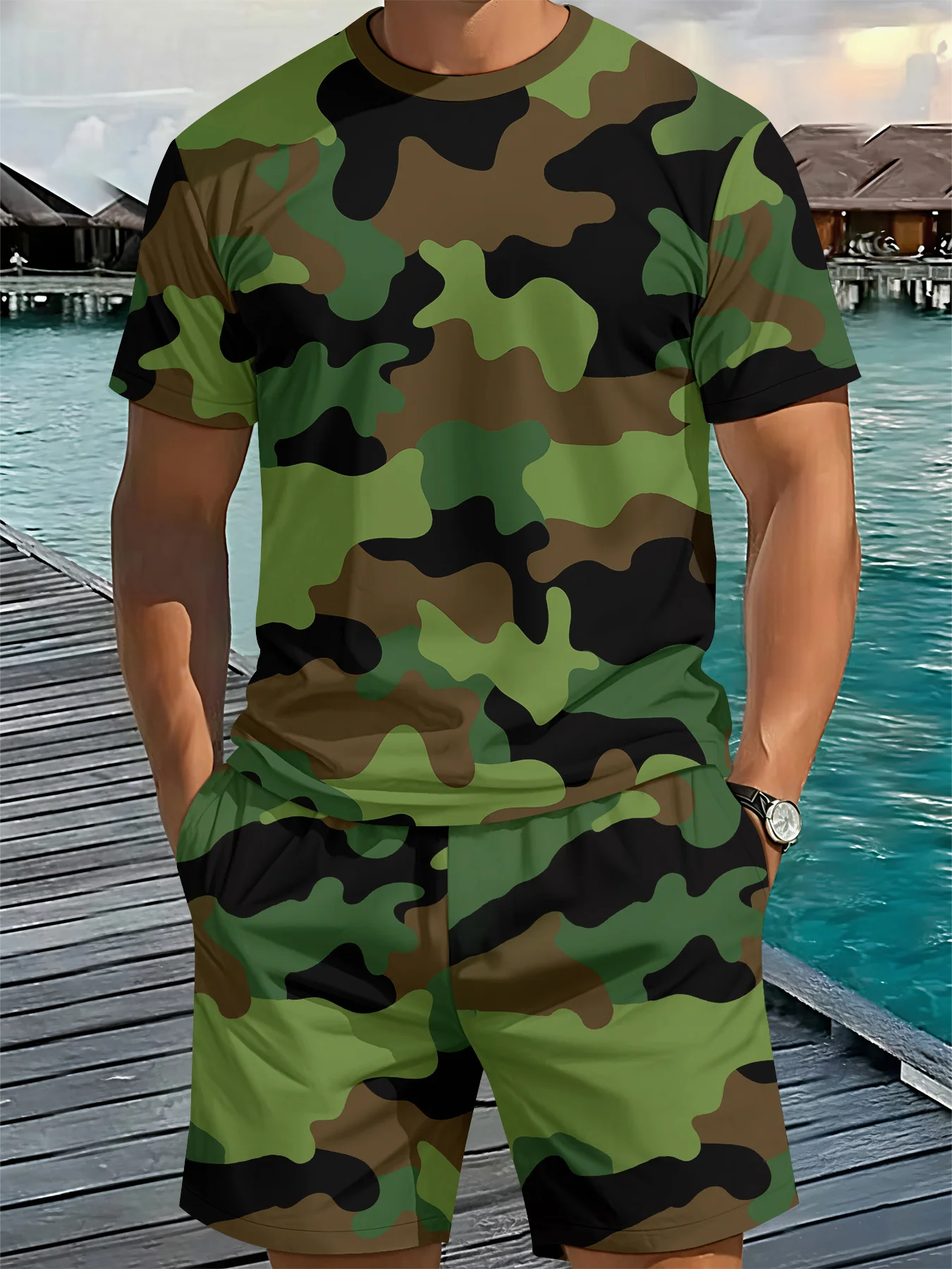 Conjunto de Camiseta Deportiva de Verano para Hombre, Camuflaje 3D, Secado Rápido, Cuello Redondo, Manga Corta, para Senderismo, Camping y Caza