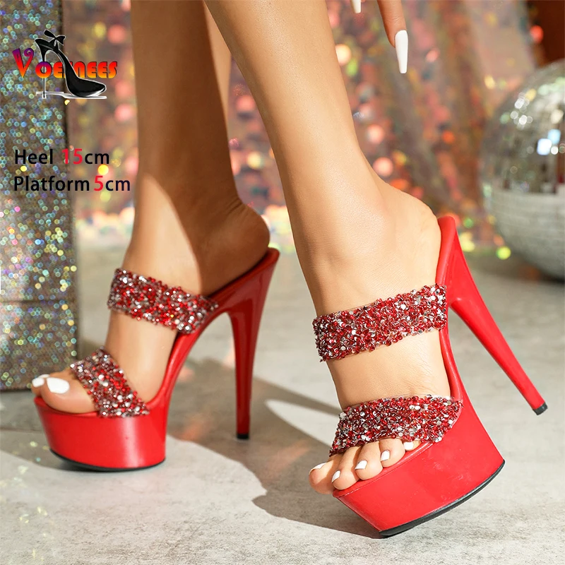 Summer Women Sandals Open Toe Slides Super High Heels Woman Transparent Perspex Slippers Red Sequin 15CM Thin Heel Shoes Mules