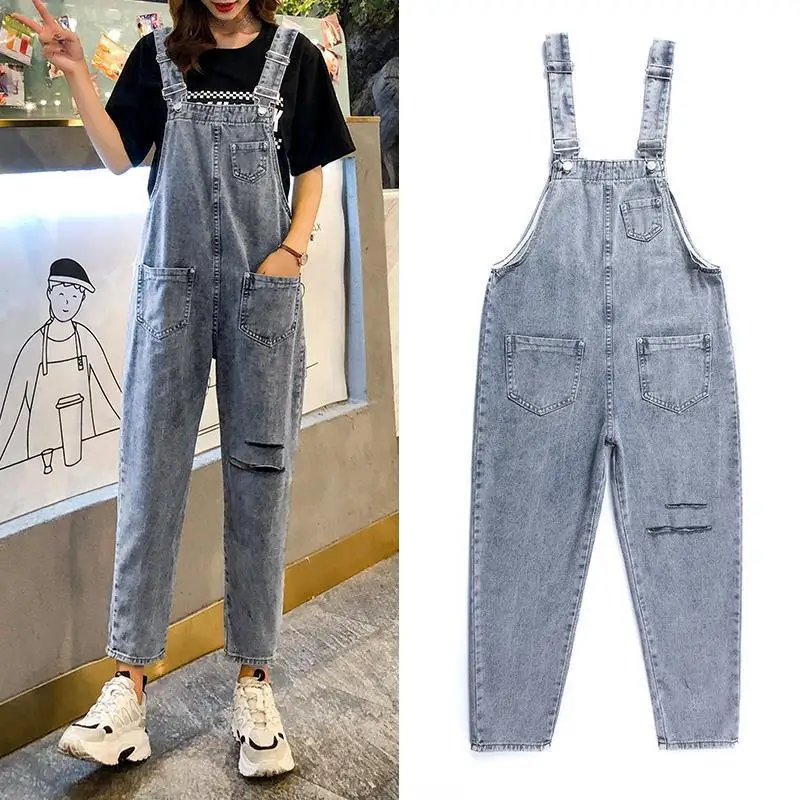 

2023 Women's Overalls Blue Denim Jeans Suspender Jumpsuit Trousers Spring Autumn Holiday Vacation Outfit Y2k Vintage Clothes