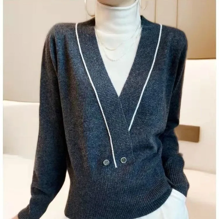 Women's Half High Collar Patchwork Striped Button Sweater Autumn and Winter Casual Pullover Long Sleeve Office Lady Knit Tops