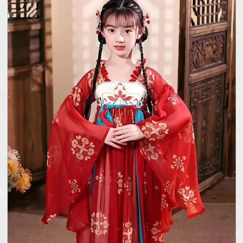 Girls Hanfu Summer Ancient Princess Dress 3T-6T-8T-12T New Spring and Autumn Performance Clothing Children\'s Ancient Tang Dress