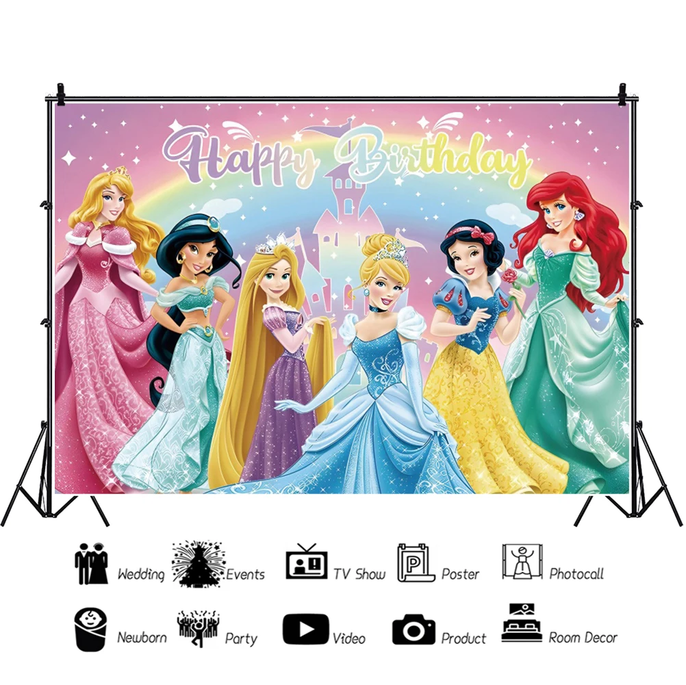 Ariel Tiana Aurora Background For Photography Backdrop Birthday Decoration Baby Shower Princess Girl Kid's Party Banner Props