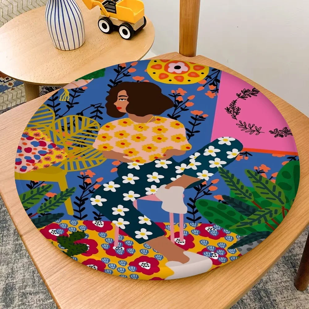 Girl Relaxing Green plants Print Cushion Mat Round Chair Mat Soft Pad Seat Cushion For Dining Patio Home Office Indoor Outdoor