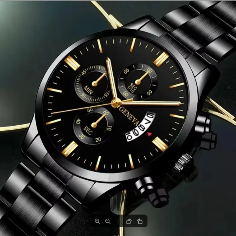 Calendar Steel Belt Quartz Watch, Business Men's Three-eye Large Dial Watch for Men